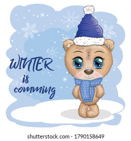 Cute cartoon bear with big eyes in a scarf and hat. Winter is coming inscription