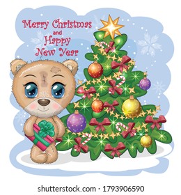 Cute cartoon bear with big eyes and a Christmas present in the legs near a Christmas tree. Merry Christmas and Happy New Year