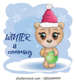 Cute cartoon bear with big eyes in a Christmas hat, the inscription Winter is coming, greeting card, New Year and Christmas