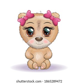 Cute cartoon bear with big eyes sits, a girl with bows