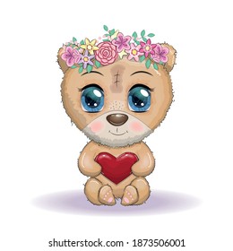 Cute cartoon bear with big eyes and holding a heart, in a wreath of flowers