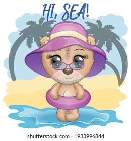 Cute cartoon bear with big eyes in a swimming circle. Summer is coming