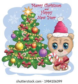 Cute cartoon bear with big eyes in a Christmas hat near a decorated Christmas tree