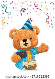 Ilustración vectorial de cumpleaños linda del oso de la historieta con la torta

