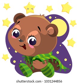 Cute cartoon bear with blanket sitting in night clipart vector with moon and stars