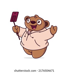 Cute cartoon bear. Blogger with phone. Selfie