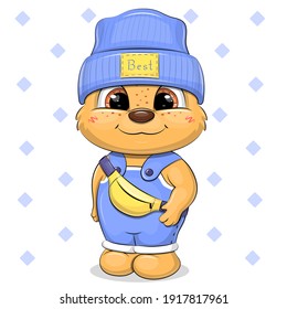Cute cartoon bear with blue hat and yellow belt bag. Vector illstration of animal.