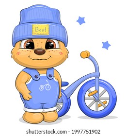 A cute cartoon bear in a blue hat and overalls stands near a bicycle. Vector illustration of an animal on a white background with two stars.