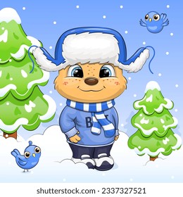 Cute cartoon bear in a blue hat with ear flaps in nature. Winter animal vector illustration with fir trees, birds and white snow.