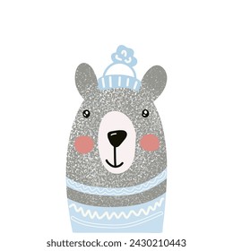 Cute cartoon bear in a blue hat and scarf isolated on white