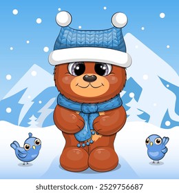 A cute cartoon bear in blue hat and scarf stands in the mountains. Winter vector illustration on a blue background snow.