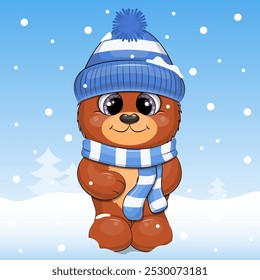 Un lindo oso de dibujos animados en sombrero azul y bufanda en invierno. Ilustración vectorial del animal en un fondo azul con la nieve.