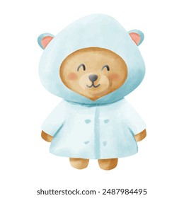 Cute cartoon bear in a blue raincoat on a white background