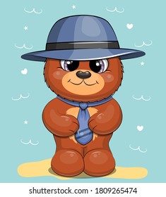 Cute cartoon bear with blue tie and hat. Vector illustration of animal on the blue background. 