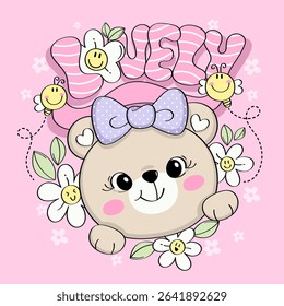 Cute cartoon bear with bow and flowers on pink background. Surrounded by smiling bees and the word "Lovely" in playful font. for kids T-shirts, prints, and merchandise. Vector illustration.