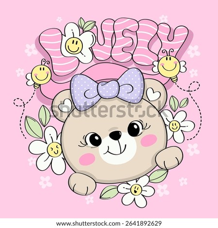 Cute cartoon bear with bow and flowers on pink background. Surrounded by smiling bees and the word "Lovely" in playful font. for kids T-shirts, prints, and merchandise. Vector illustration.