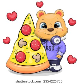 Cute cartoon bear boy with a big piece of pizza. Vector illustration of animal on a white background with red hearts and mushrooms.