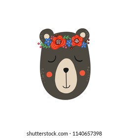 Cute cartoon bear boy in flower wreath. Childish print for nursery, kids apparel, postcard, poster. Hand drawn vector illustration.