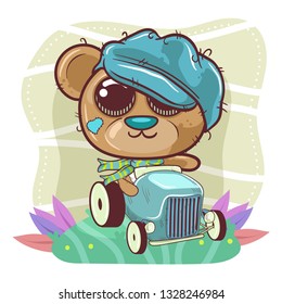 Cute Cartoon bear boy goes on a car - Vector
