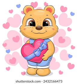 Cute cartoon bear boy holding a heart with blue ribbon. Vector illustration of an animal on a white background with pink and blue hearts.