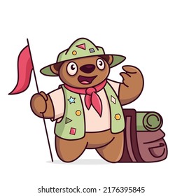 Cute Cartoon Bär. Boy-Scout mit Rucksack und Flagge