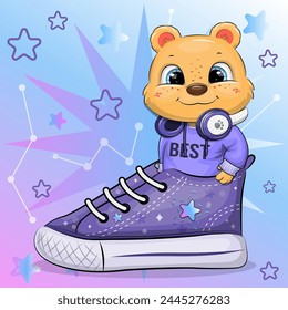 Un lindo niño oso de dibujos animados con una zapatilla. Ilustración vectorial de un animal sobre un fondo colorido con estrellas.
