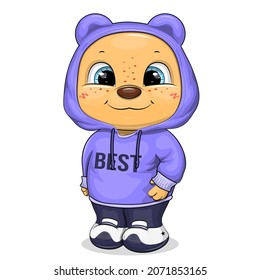 Cute cartoon bear boy wearing a blue hoodie. Lovely vector animal illustration on white background.