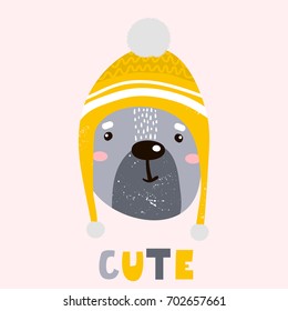 Cute cartoon bear boy in winter hat. Childish print for nursery, kids apparel,poster, postcard. Vector Illustration