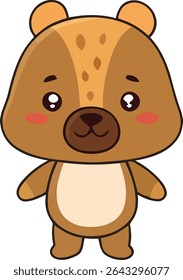 Um urso de desenho animado bonito com um corpo marrom, testa manchada e bochechas rosadas fica em pé, de frente com uma expressão doce.