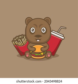 cute cartoon bear with burger.fries and soft drink.vector illustration for mascot logo or sticker