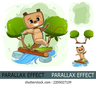 Cute cartoon Bear by river. Dexterous scout for children. Funny animal overcomes an obstacle. Children tourism.Image from layers for overlay with parallax effect. Vector