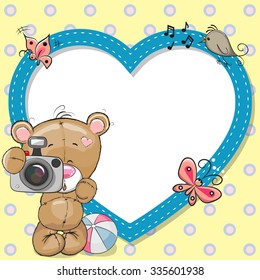 Cute cartoon Bear with a camera and a heart frame