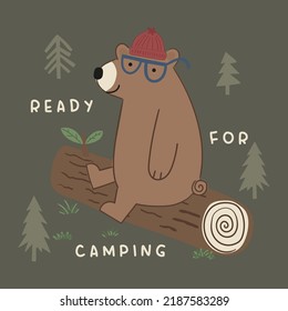 cute cartoon bear at camping vector illustration