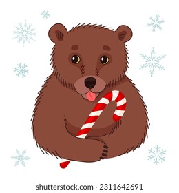 Cute cartoon bear with candy cane and snowflakes. Vector illustration.
