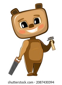 Cute cartoon Bear the carpentry with a saw and a hammer. Flat style. Helps dad. Picture for children. Funny kid animal. Isolated on white background. Vector