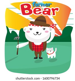 Cute cartoon bear With cats in front of field. standing at the farm on Green and white stripes background vector.