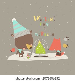 Cute Cartoon Bear celebrating Christmas with Fox and Mouse