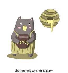 Cute cartoon bear character with barrel of honey and bee nest, vector illustration in simple style. Isolated on white background.