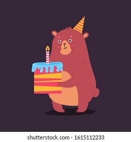 Cute cartoon bear character with cake. Happy Birthday vector concept illustration.