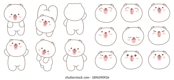 Cute cartoon bear character collection, With different emotions, hand drawn illustrations.