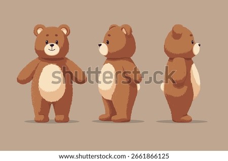 Cute Cartoon Bear Character Design Featuring Front Side and Back Perspectives in Vector Format