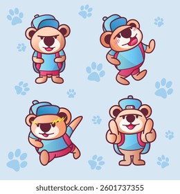 cute cartoon bear character in different poses with a backpack, wearing a cap. playful and fun mascot design with paw print background. perfect for kids, stickers, branding, and merchandise.