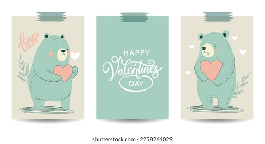 Cute cartoon bear character with a heart card set. Valentine Valentines day poster romantic collection. Funny vector print.