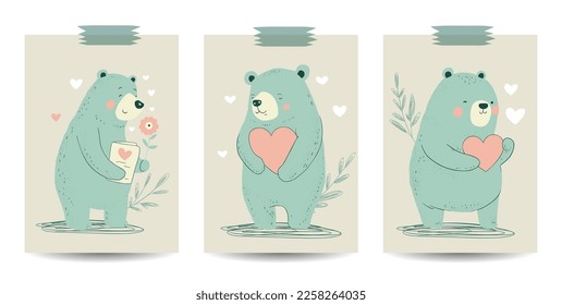 Cute cartoon bear character with a heart card set. Valentine Valentines day poster romantic collection. Funny vector print.