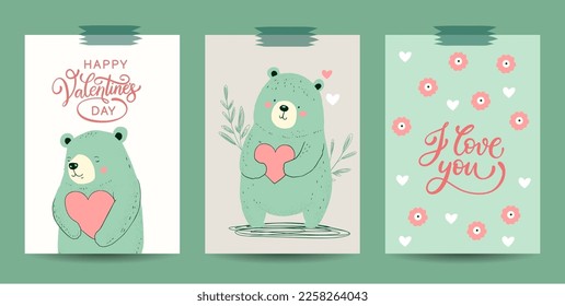 Cute cartoon bear character with a heart card set. Valentine Valentines day poster romantic collection. Funny vector print.