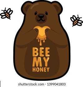 Cute cartoon bear character holding heart and showing sweet honey with bees flying around isolated on white background. Vector illustration.