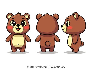 Cute Cartoon Bear Character Set - Front, Back, and Side View for Animation and Mascot. Vector illustraton