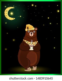 cute cartoon bear character in sleeping hat and slippers, holding cup with hot drink on night background with glowing stars and moon on  sky, funny forest animal nighttime. Vector illustration 