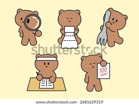 Cute Cartoon Bear character studying for an exam. Motivational student character design. 