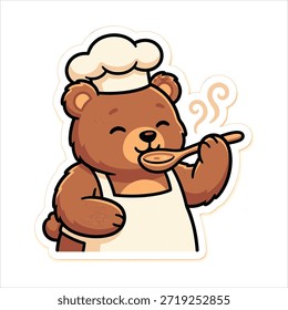 Cute cartoon bear chef tasting food with a wooden spoon. Funny cooking animal vector illustration wearing a white apron and hat, isolated sticker. Perfect for foodie t-shirt design and kitchen wall art.